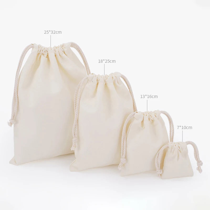 Reusable White Cotton Drawstring Bags